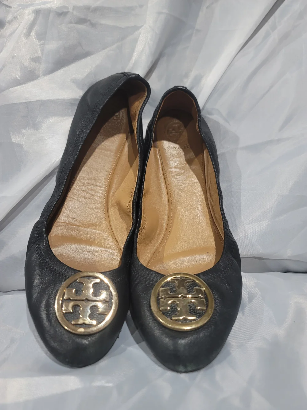 Tory Burch Black Leather Reva Ballet Flats Gold Logo Size 10